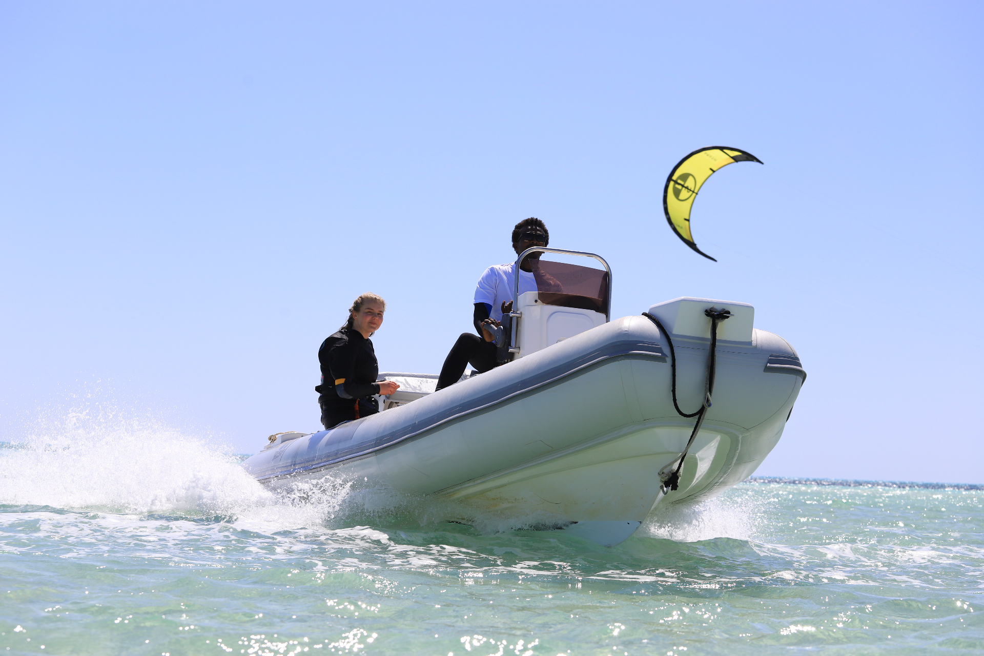 Rescue boat with a kite flying over the Red Sea