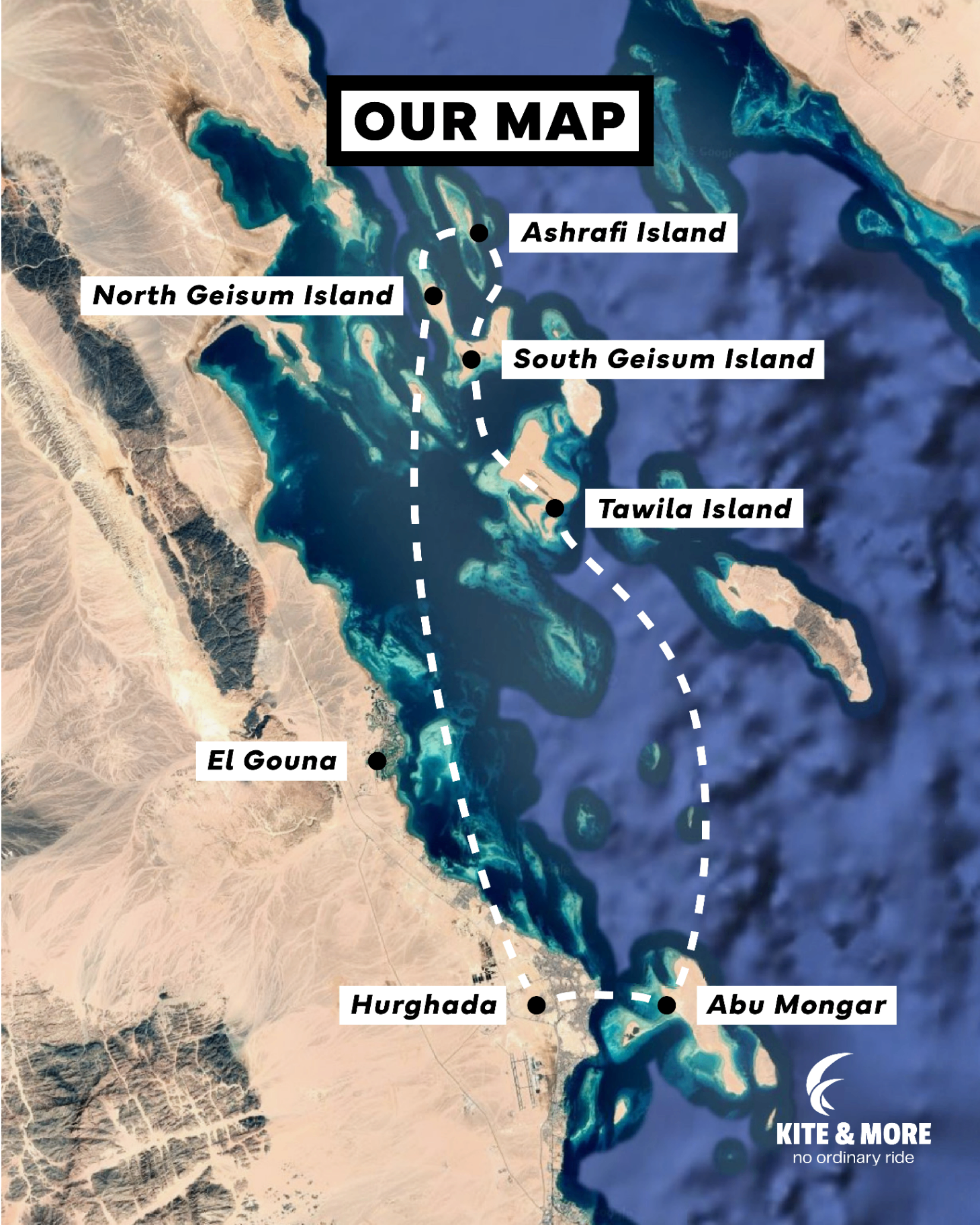 Map of Red Sea kitesurfing safari locations from El Gouna and Hurghada to Tawila, Geisum, Ashrafi and Abu Mungar